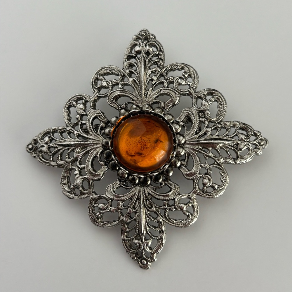Vintage Amber Glass Brooch Large Filigree Silver Tone Statement Pin